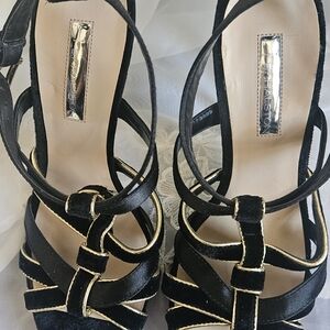 Stuart Weitzman Black Suede Strappy Heels with Gold Edge